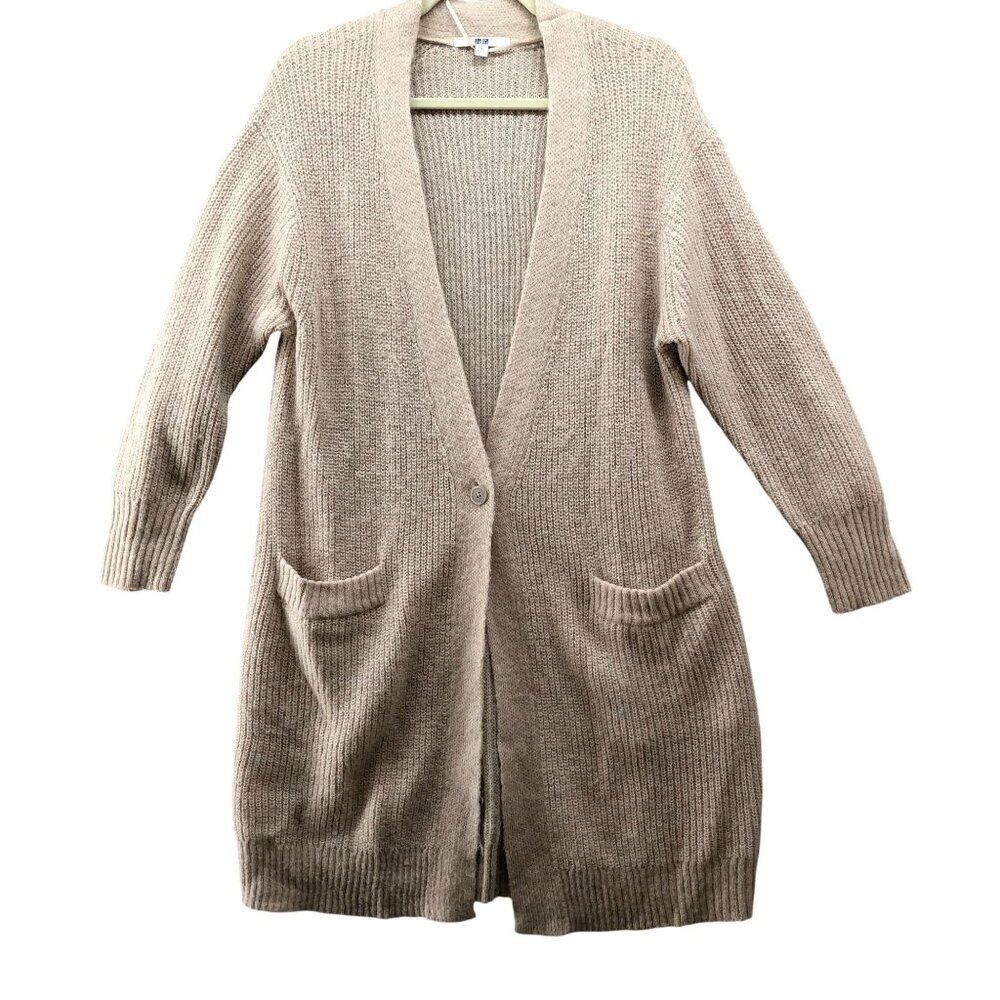 Uniqlo‎ Mohair Wool Blend Long Cardigan Womens S Beige Button V-Neck Longline
